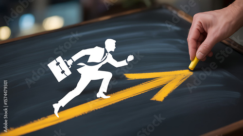 Businessman running on a yellow arrow drawn with chalk on a blackboard