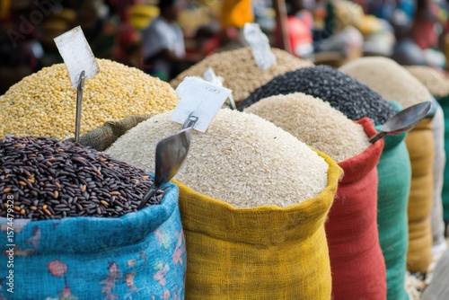 Vibrant market scene showcasing sacks of diverse grains local marketplace photography bustling environment eye-level view cultural richness
