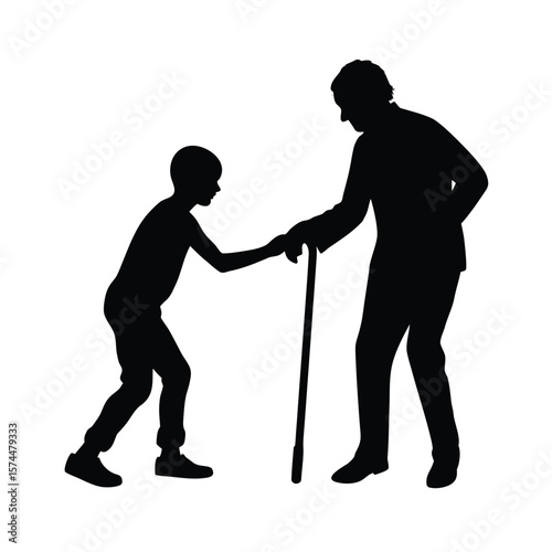 Silhouette of young person assisting elder holding cane on white background helping