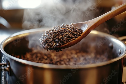 Cooking wild rice with a wooden spoon in a steamy kitchen a culinary action shot captured in gigapixel detail