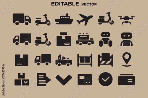 Collection of editable vector icons representing various modes of transportation and delivery services