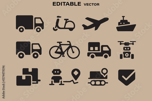 Collection of black editable vector icons representing various modes of transportation and delivery services on a beige background
