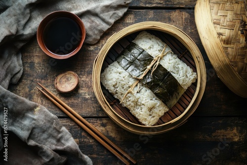Traditional bamboo steamer filled with delicacies rustic kitchen setting food photography topdown perspective culinary experience photo