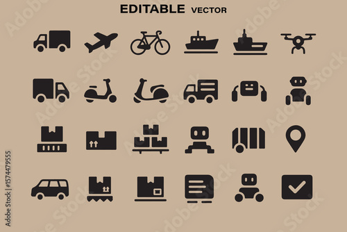 Collection of editable vector icons representing various modes of transportation and logistics services