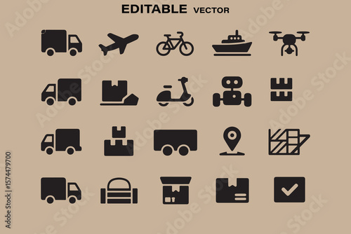Collection of black icons representing various modes of transportation and logistics services on a beige background
