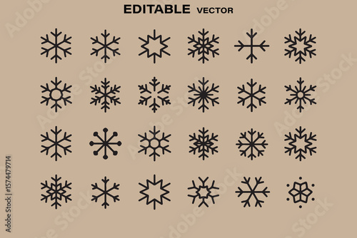 Collection of diverse black snowflake icons and symbols on a neutral background representing winter and cold weather