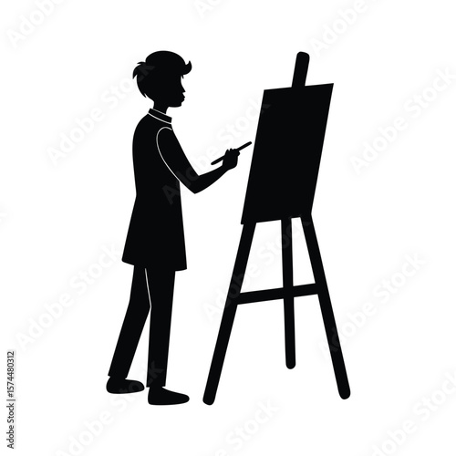Black silhouette of a young person painting on an easel artist brush