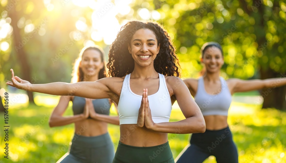 Fototapeta premium Three women practicing yoga outdoors, smiling