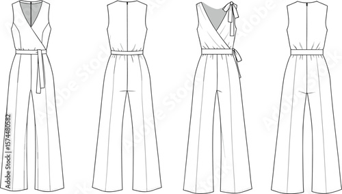 Sleeveless wrap jumpsuit with wide-leg pants, belted waist, tie shoulder, technical fashion flat sketch, front and back views