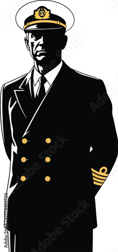 A navy captain in uniform stands tall, isolated on white background