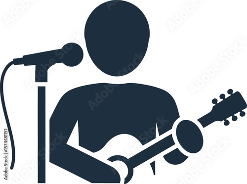A musician is playing guitar and singing into a microphone, isolated on white background