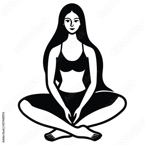 Serene woman with long hair meditating in lotus position silhouette