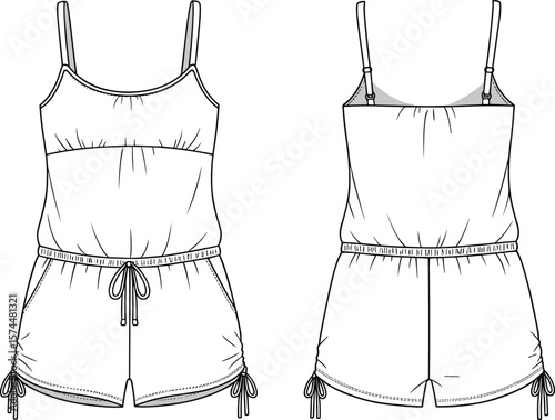 Spaghetti strap women’s romper with drawstring waist and side ties, casual summer fashion cad flat technical illustration