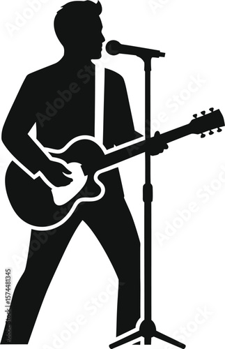 A silhouette of a musician singing into a microphone while playing the guitar isolated on white background