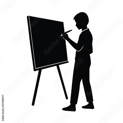 Silhouette of a student writing on a chalkboard with a chalk stick easel