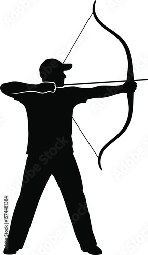 A silhouette of a man aiming a bow and arrow at a target isolated on white background