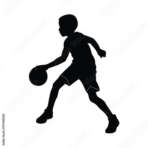 Black silhouette of a young boy dribbling a basketball on a white background sports