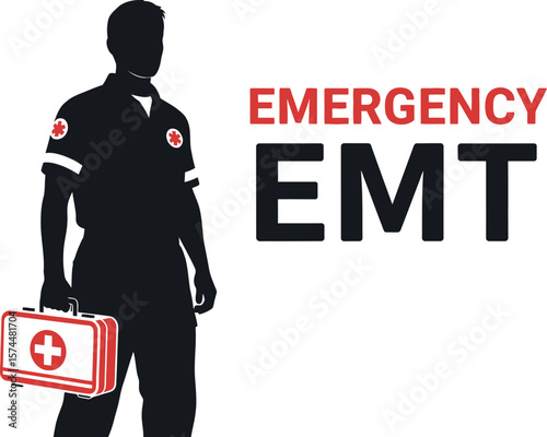 A silhouette of an emt holding a first aid kit with the words emergency and emt isolated on white background