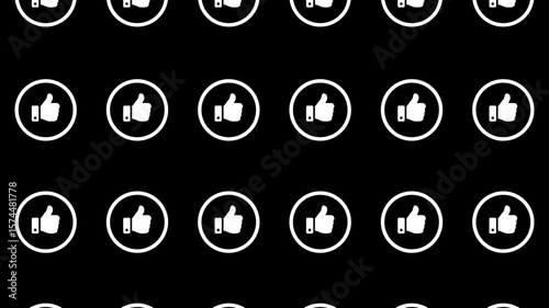 A seamless loop pattern of white thumbs-up on a black background. The like marks smoothly and repeatedly change size and move up and down. Representing the SNS dislikes and the positive feedback