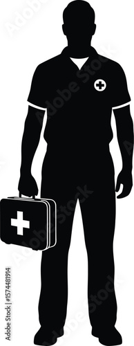 A silhouette of an emt holding a first aid kit isolated on white background