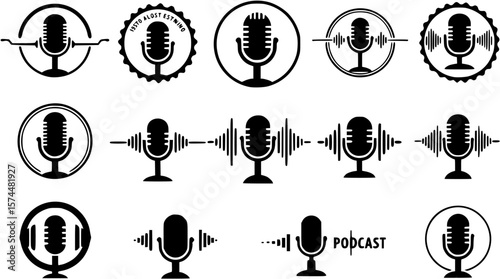 Podcast logo icon microphone vector design waveform set isolated. Podcast logos emblem circle with audio sound wave icons in black color

