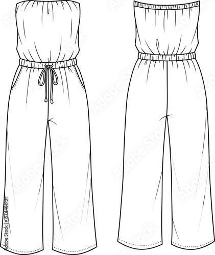 Strapless wide leg jumpsuit with drawstring waist, loose fit pants, fashion technical flat sketch, front and back view
