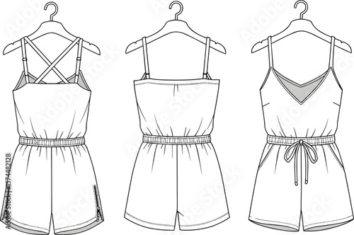 Strappy romper with adjustable straps, elastic waistband, zipper pockets, fashion flat sketch, technical drawing, front and back views