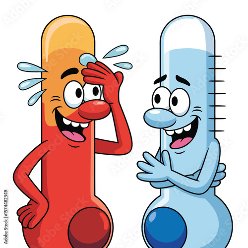 Two cartoon thermometers one hot and sweating the other cold and shivering