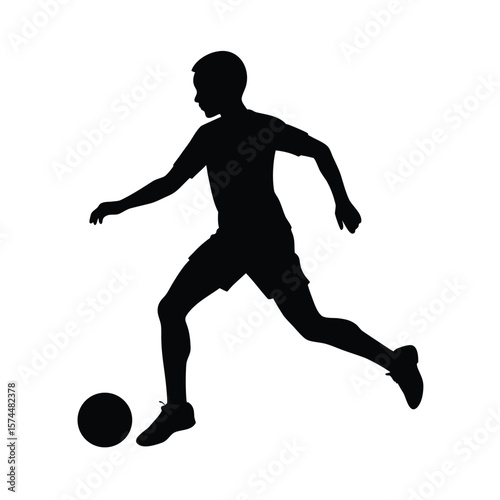 Black silhouette of a young person playing football on a white background soccer player