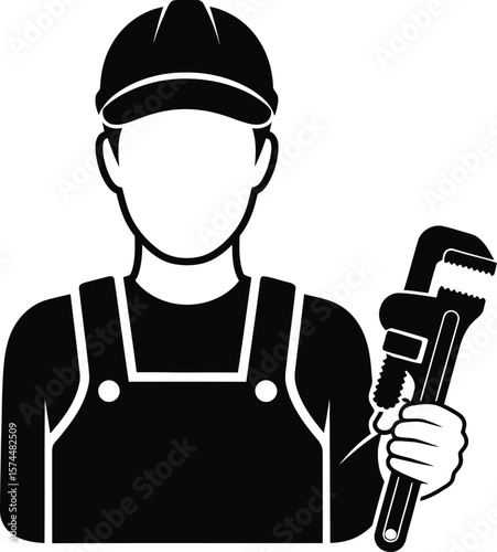A silhouette illustration of a plumber in uniform holding a wrench, isolated on white background