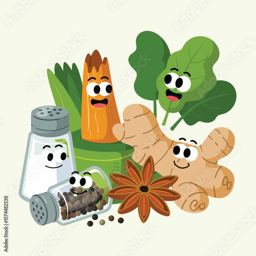  Cute cartoon characters of spices and herbs smiling together on a light background