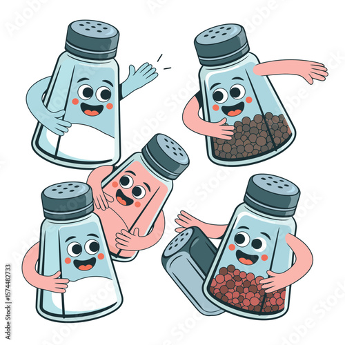 Cute cartoon salt and pepper shakers with arms and legs in a playful arrangement