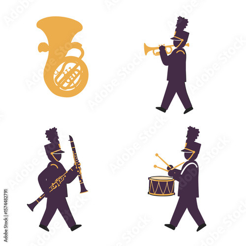 Four silhouettes of marching band members with instruments tuba trumpet clarinet drum