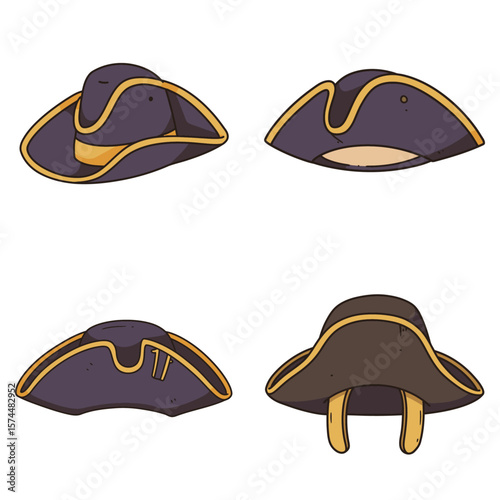 Four cartoon tricorne hats in purple dark gray and brown with gold trim are arranged on a white background