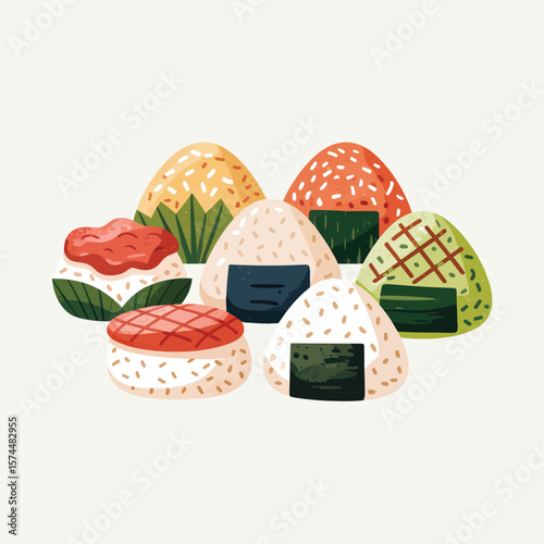 Collection of cute and colorful japanese onigiri rice balls with nori seaweed