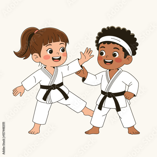 Two diverse children practicing martial arts in karate uniforms with black belts