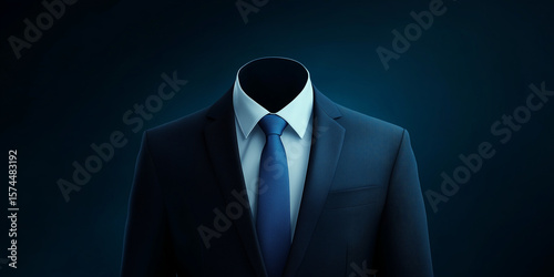 A surreal concept of an invisible man wearing a perfectly tailored business suit against a dark background, representing anonymity, a corporate role, or a vacant position