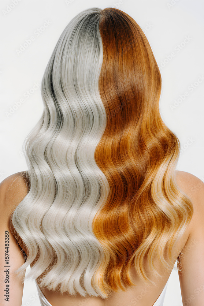 Fototapeta premium A person with long wavy hair dyed half orange and half purple, viewed from the back against a plain background