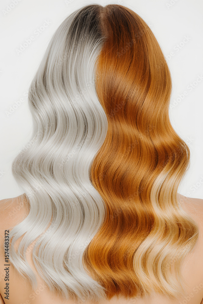 Naklejka premium A person with long wavy hair dyed half orange and half purple, viewed from the back against a plain background