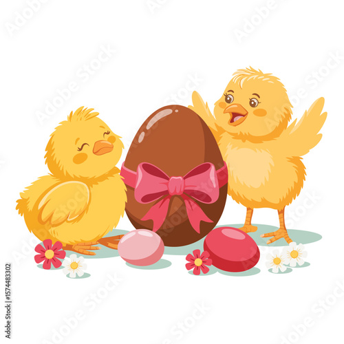 Two cute yellow chicks with a large chocolate easter egg and colorful eggs