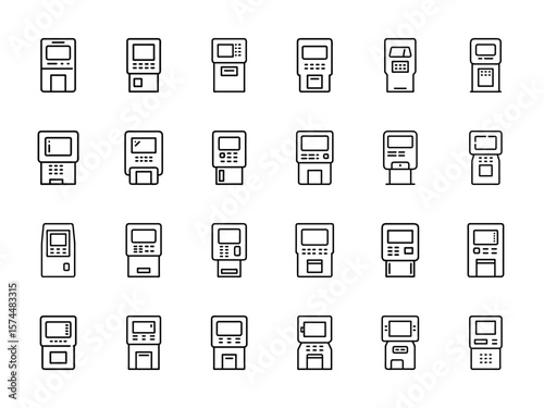 "Collection of Modern ATM and Self-Service Kiosk Icon Set in Line Style – Editable Vector Icons for UI/UX, Banking, Payment Terminals, and Fintech Applications"