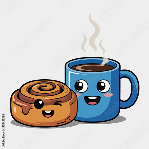 Cute cartoon cinnamon roll and steaming coffee mug with happy faces