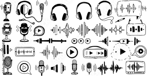 podcast icon set hand drawn vector
