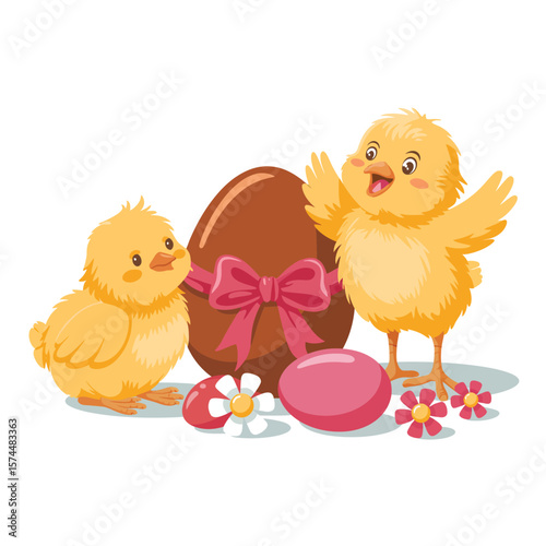 Two adorable fluffy yellow chicks with a large chocolate easter egg and colorful eggs