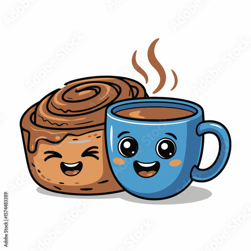 Cute kawaii cinnamon roll and coffee mug with happy faces