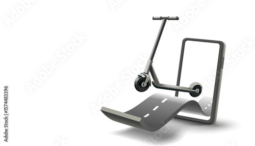 Electric scooter rental, eco-friendly transport, rent and payment via mobile app. Vector illustration.