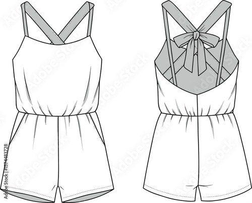 Stylish women’s sleeveless romper with cross back straps and bow tie detail, flat fashion cad drawing vector illustration