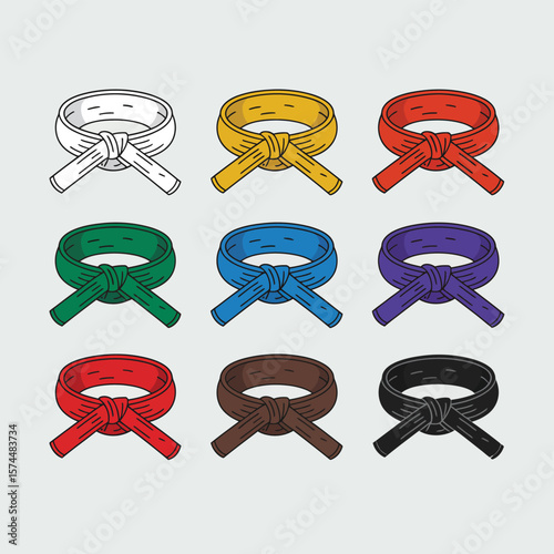 Collection of martial arts belts in various colors tied in knots