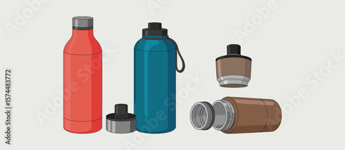 Collection of modern reusable water bottles and accessories in various colors