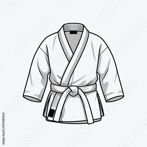 Clean illustration of a white karate gi with a tied belt on a light background